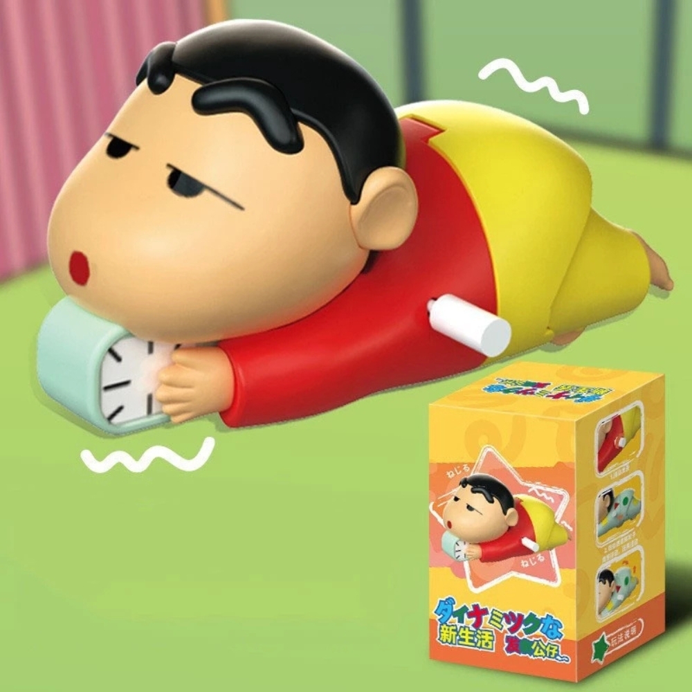 mô hình shin bút chì nằm bò chạy cót áo đỏ - cao : 5.5cm dài 10cm - figure shin - hộp màu  N1