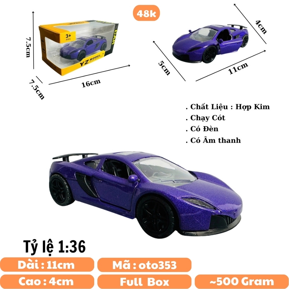 Mô Hình xe mclaren tím mới tỉ lệ 1:36 Hợp kim có thể mở cửa - bánh sau chạy cót - Dài 11cm - rộng 5cm - cao 4cm - nặng : 500gram - FULL BOX : box màu SKU : oto353 - N3-K11-T2-S3