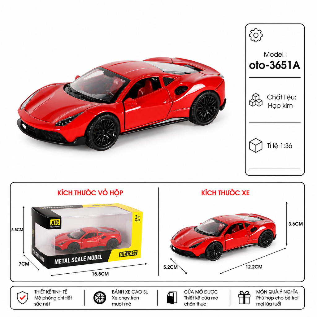 Mô Hình xe đua hợp kim , tỉ lệ 1:36 - Dài 12.2cm - rộng 5.2cm - cao 3.6cm - SKU :oto-3651A - ( Vat : 103-01-35 )