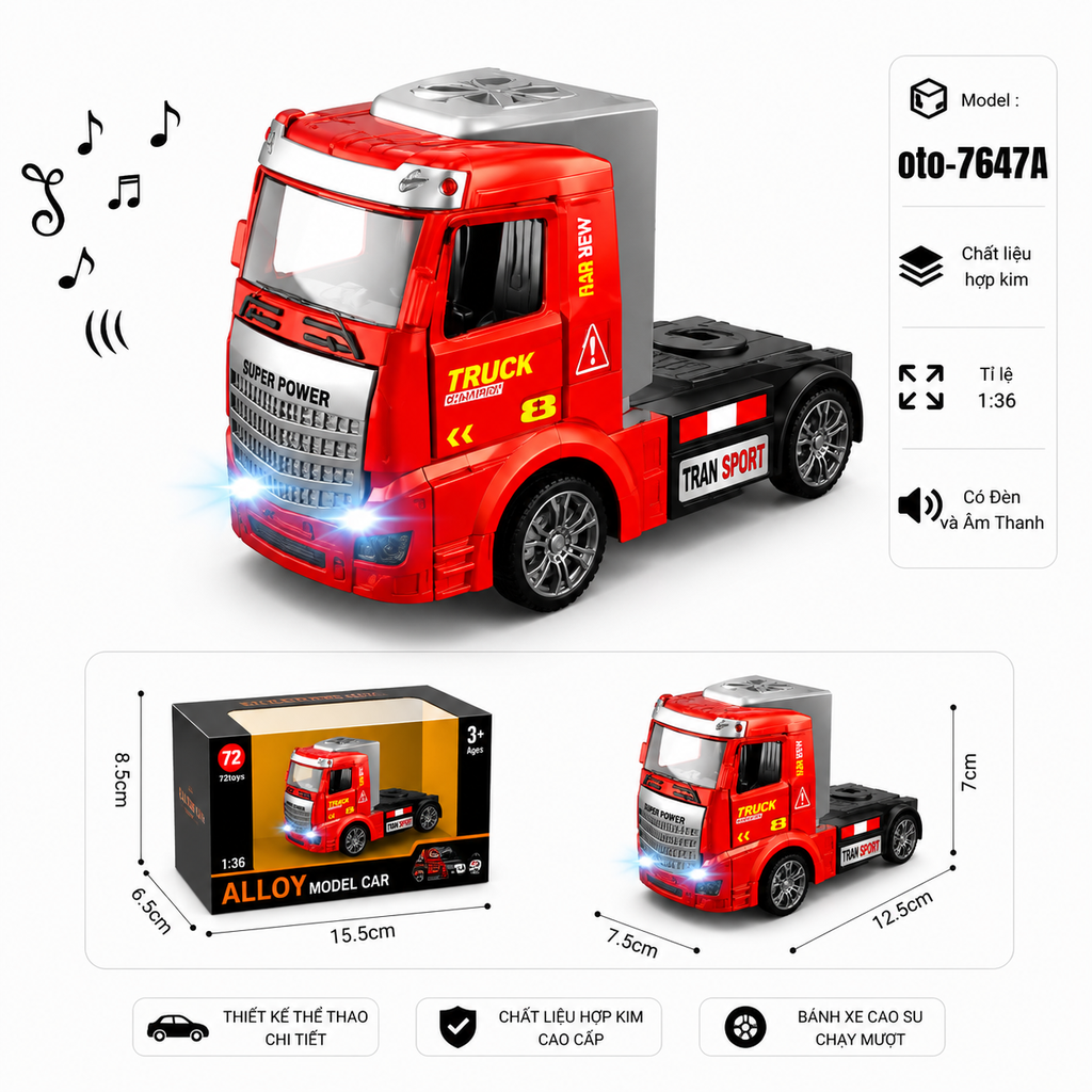 Xe Đầu Container nhiều màu sắc , Có Đèn và Âm Thanh chất liệu hợp kim , tỉ lệ 1:36 : SKU : oto-7647A ( Vat : 103-01-35 )