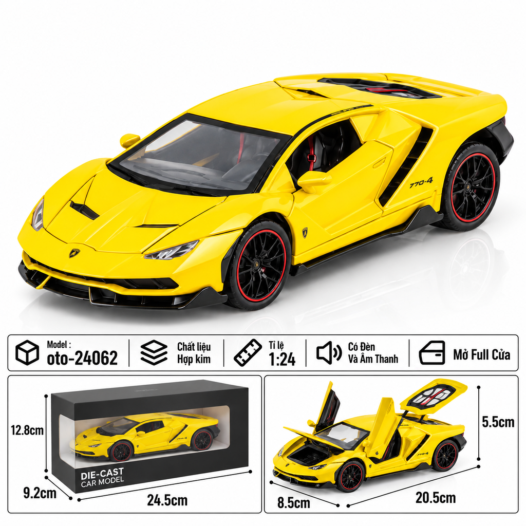 Xe thể thao tỉ lệ 1:24 - chất liệu bằng hợp kim - Có đèn và âm thanh Tính năng mở full cửa - SKU : oto-24062 ( VAT : 103-01-170 )