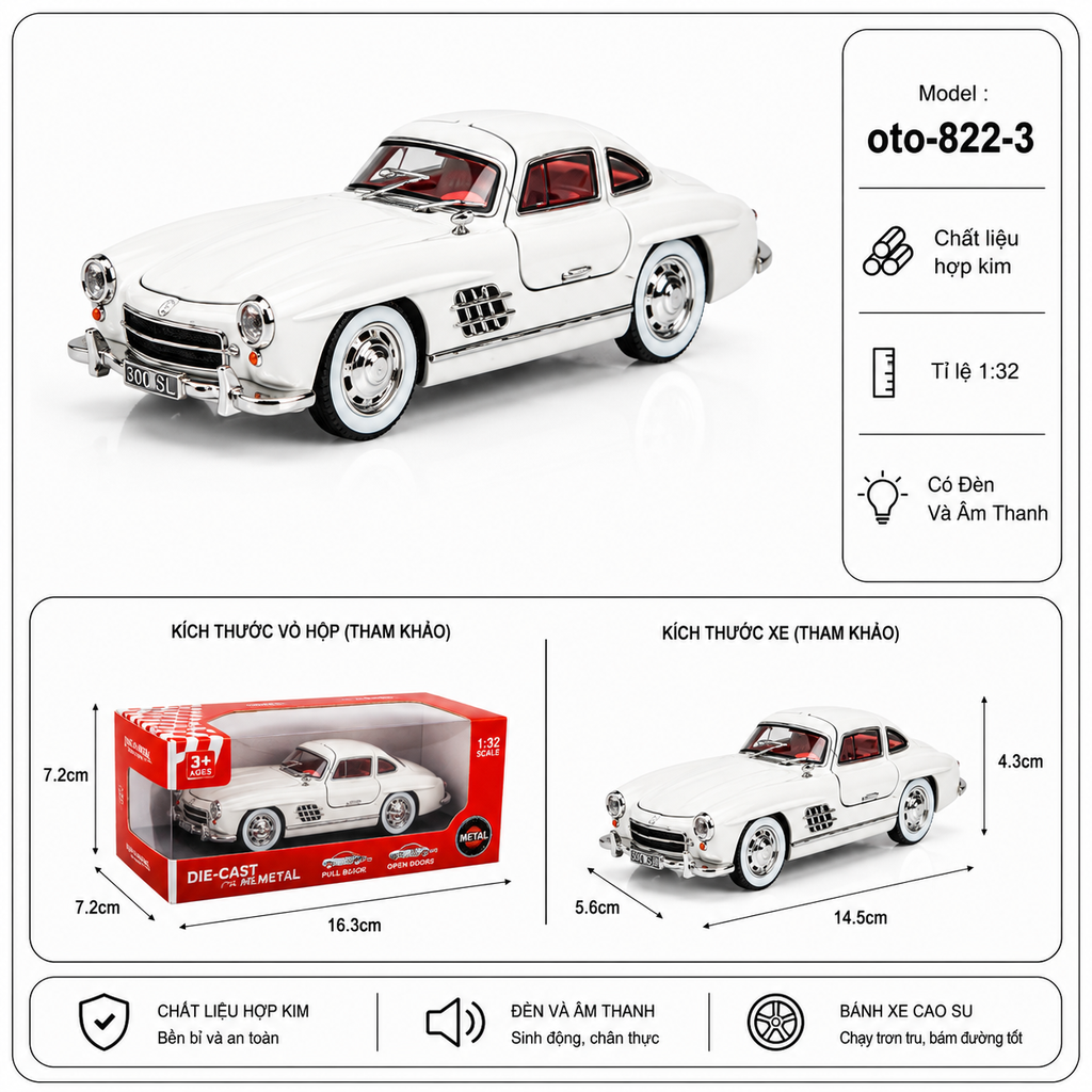 Mô Hình xe oto Mercedes-Benz 300 SL hợp kim , tỉ lệ 1:32 - Dài 14.5cm - rộng 5.6cm - cao 4.3cm - SKU : oto-822-3 - ( VAT : 103-01-70 )