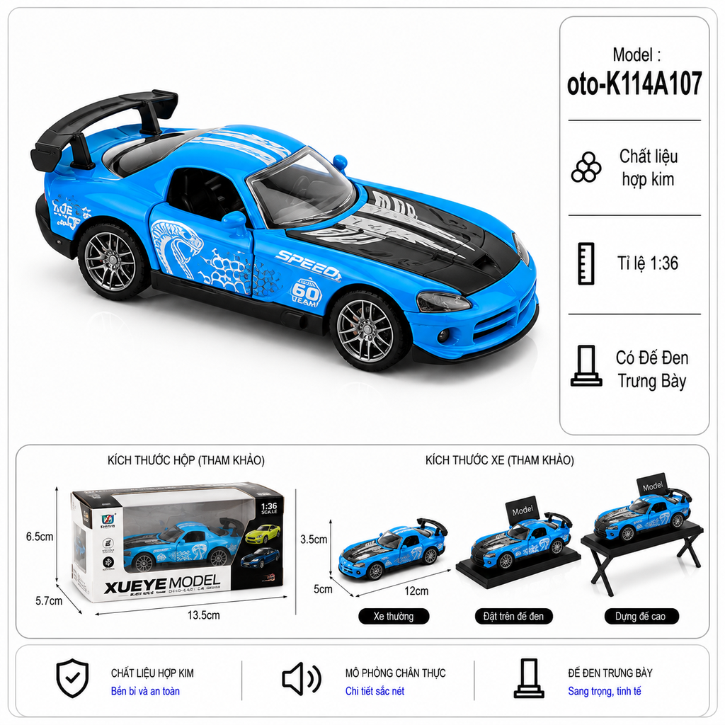 Xe thể thao nhiều màu sắc chất liệu hợp kim , tỉ lệ 1:36 : SKU : oto-K114A107 ( Vat : 103-01-35 )