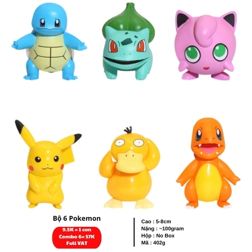 ( Giá 1 con - Bộ 6 con - Đặt Số Lượng 6 ) - Mô Hình Đồ Chơi - Bộ 6 Nhân vật Pokemon đáng yêu , ngộ nghĩnh - Pokemon - No Box -( VAT : G873-77 )- K14-T3-S1