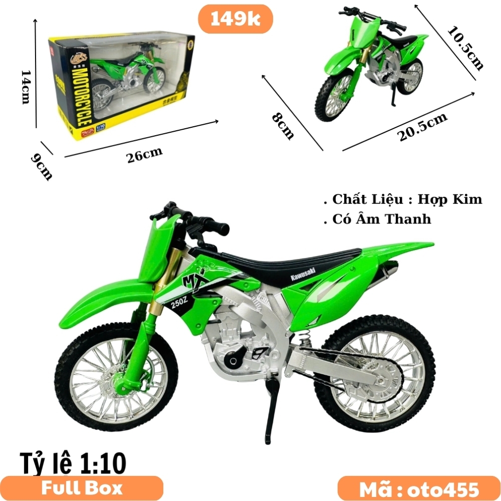 Mô Hình xe máy địa hình xanh lá cây 1:10 Hợp kim - Có tiếng - Dài 20.5cm - rộng 8cm - cao 10.5cm - nặng ~ 500gram - FULL BOX : box màu SKU : oto455 - K65-T5-S5