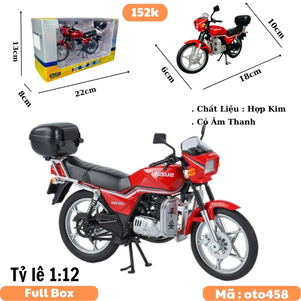Mô Hình xe máy SUZUKI đỏ 1:12 Hợp kim - Có tiếng - đèn pha sáng - Dài 18cm - rộng 6cm - cao 10cm - nặng ~ 500gram - FULL BOX : box màu SKU : oto458 - K66-T5-S11