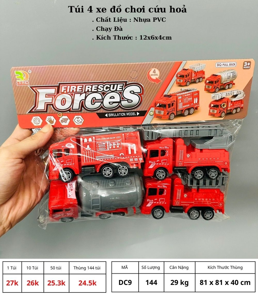 Đồ Chơi Trẻ Em Túi 4 xe cứu hỏa - Dài 12.5cm - nặng 180gram - 1 Túi Có 4 Xe - Bọc Túi - SKU : DC9