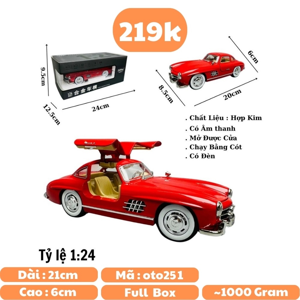 Mô Hình Xe mẹc cổ màu đỏ 1:24 Hợp kim - Có tiếng - đèn pha sáng - Dài 21cm - rộng 8cm - cao 6cm - nặng ~ 1000gram - FULL BOX : box màu SKU : oto251 - N3-K6-T2-S3