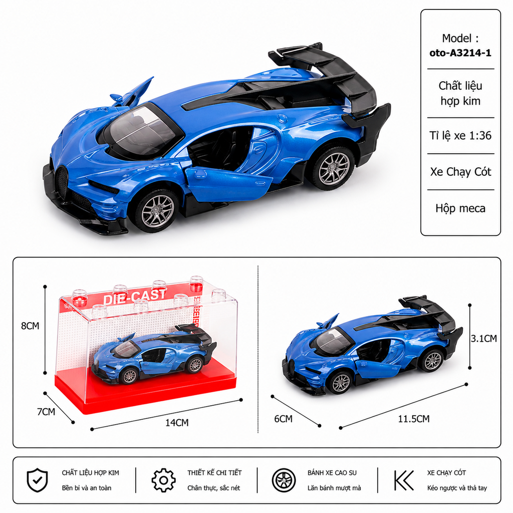 Mô Hình Xe oto bugati , tỉ lệ 1:36- Cao 3.1cm - Ngang 11.5cm - Hộp Meca . SKU : oto-A3214-1 ( VAT : 003-01-35 )