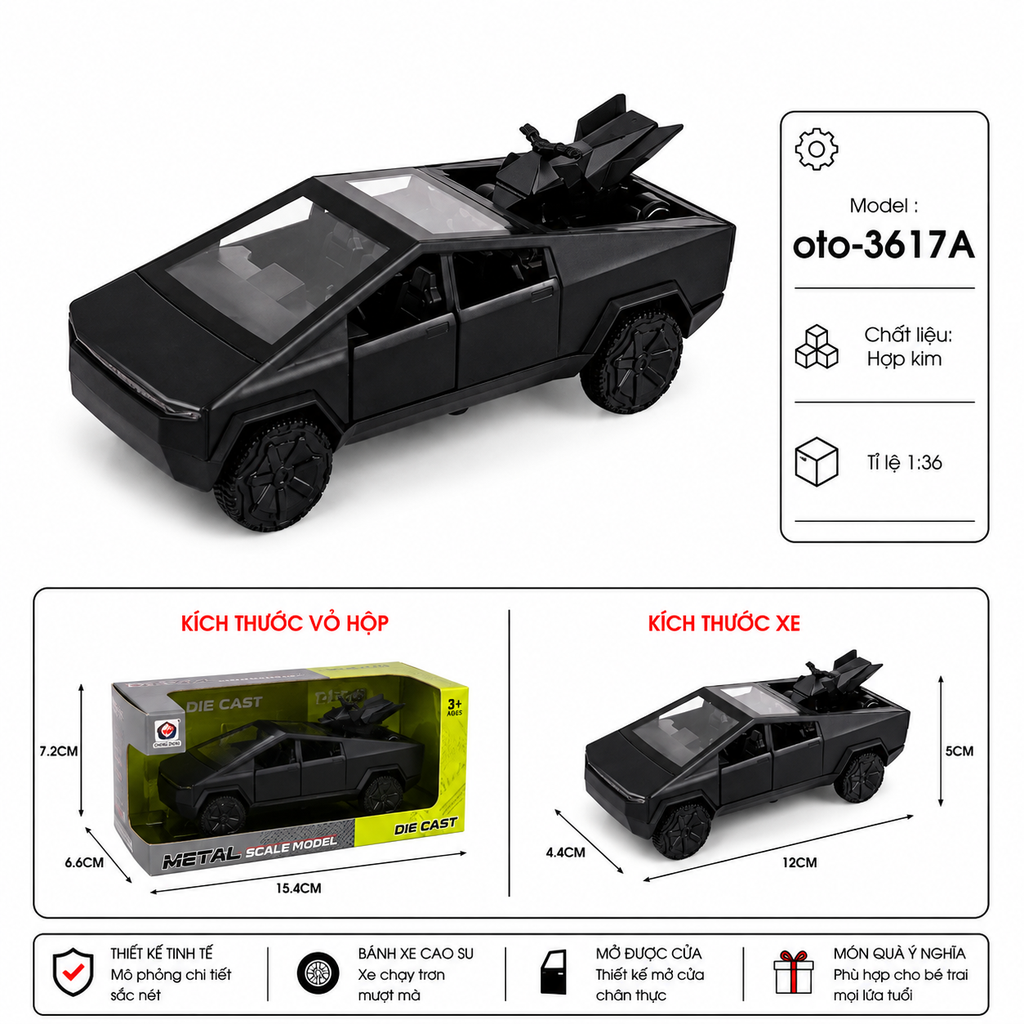 Mô Hình xe bán tải tesla hợp kim , tỉ lệ 1:36 - Dài 12cm - rộng 4.4cm - cao 5cm - SKU : oto-3617A - ( Vat : 103-01-35 )