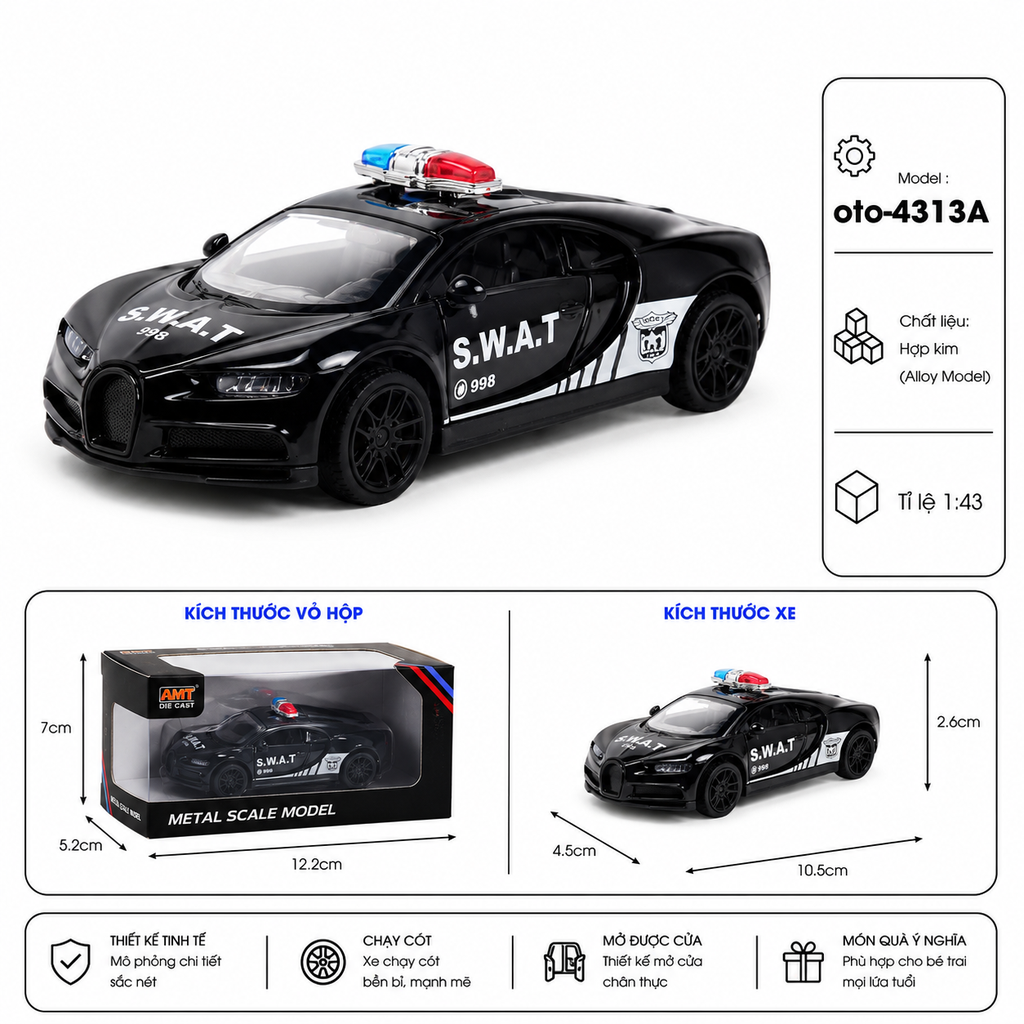 Mô Hình xe Oto đua cảnh sát hợp kim , tỉ lệ 1:43 - Dài 10.5cm - rộng 4.5cm - cao 2.6cm- SKU : oto-4313A - ( Vat : 103-01-20 ).