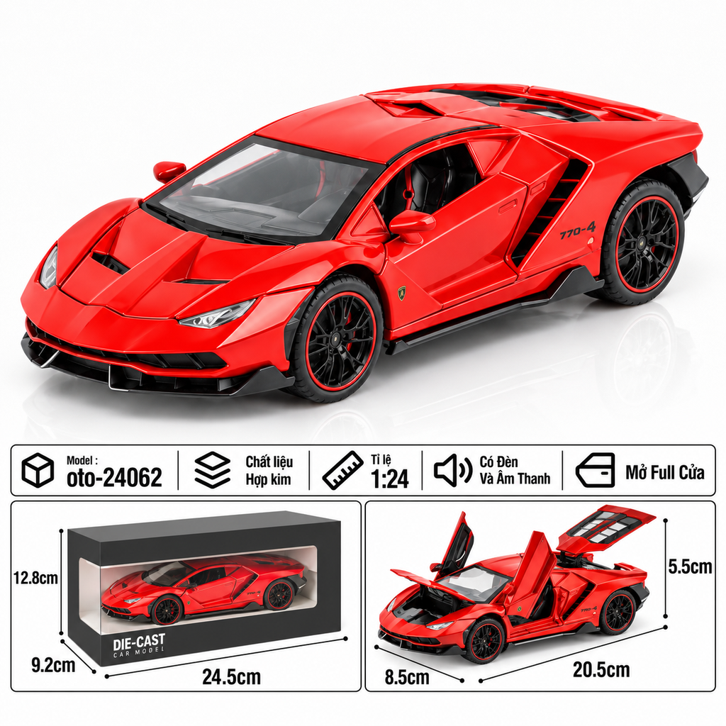 Xe thể thao tỉ lệ 1:24 - chất liệu bằng hợp kim - Có đèn và âm thanh Tính năng mở full cửa - SKU : oto-24062 ( VAT : 103-01-170 )