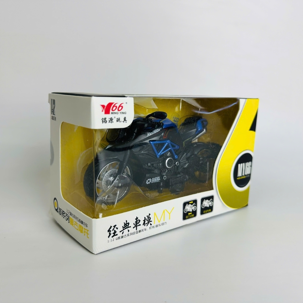 Mô Hình xe Motor Kaiser đen xanh tỉ lệ 1:12 Hợp kim có thể mở cửa - bánh sau chạy cót - Dài 14.5cm - cao 7cm - nặng 500gram - Figure Oto - FULL BOX : box màu - SKU : oto411 -  n3-k5-t2-s3