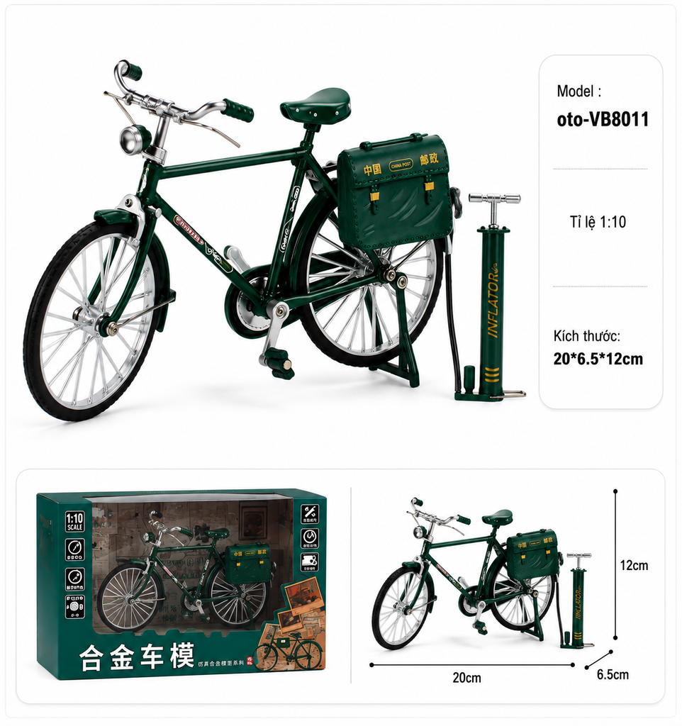 Mô Hình xe đạp thống nhất 1:10 Hợp kim - Phụ kiện : bơm - Dài 17.5cm - rộng 6cm - cao 11cm - nặng ~ 500gram - FULL BOX : box màu SKU : VB8011 - (VAT: 103-04-80)