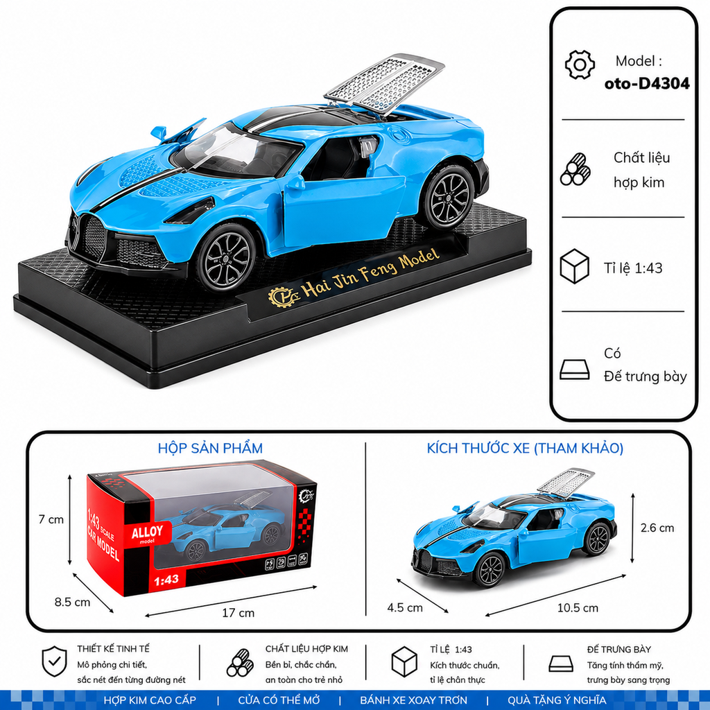Mô Hình Xe Bugati chiron nhiều màu sắc tỉ lệ 1:43 , chất liệu Hợp kim có thể mở cửa - FULL BOX : box màu SKU : oto-D4304 - (VAT: 003-01-35) - K54-T2-S1