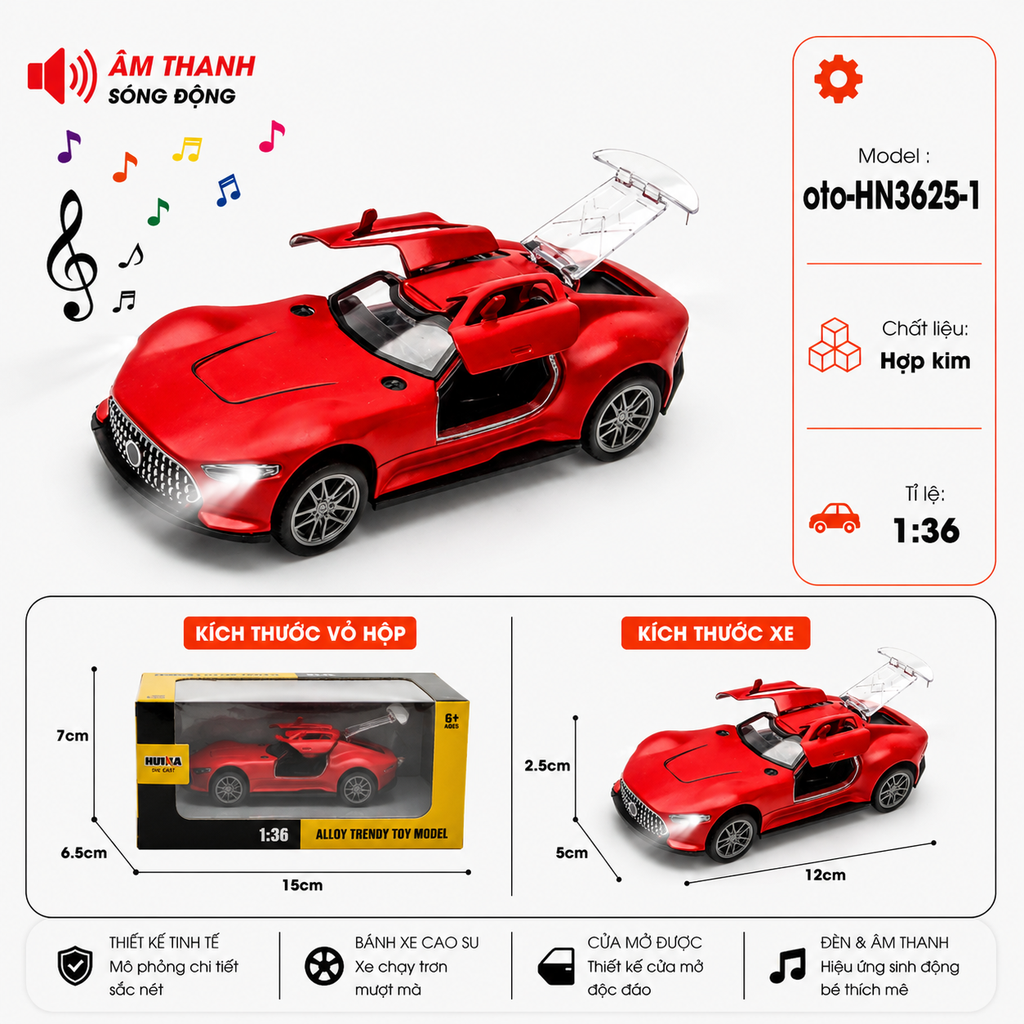 Xe thể thao nhiều kiểu dáng ( Có Đèn , Có Nhạc ) . Chất liệu hợp kim , tỉ lệ 1:36 - SKU : oto-HN3625-1 - ( VAT : 103-01-35 )