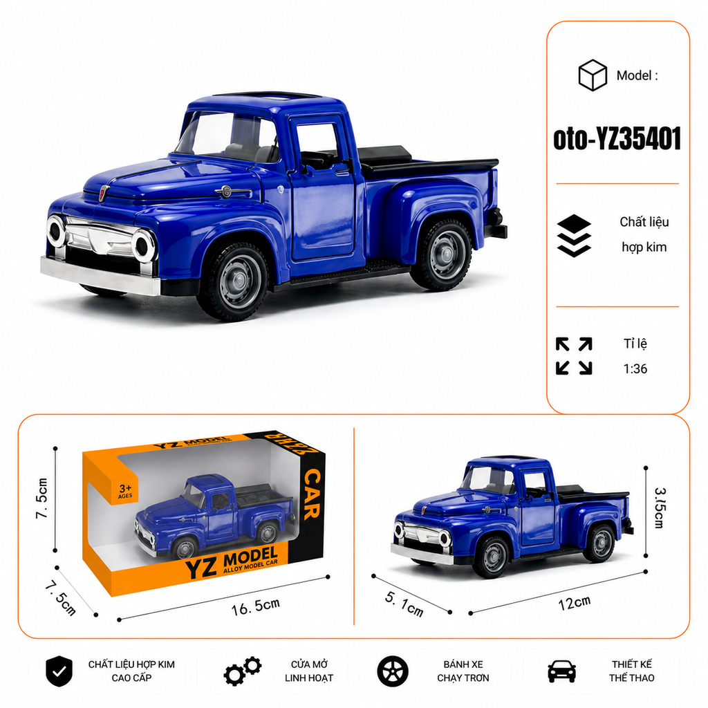 Xe thể thao bán tải nhiều màu sắc chất liệu hợp kim , tỉ lệ 1:36 : SKU : oto-YZ35401 ( Vat : 103-01-35 )