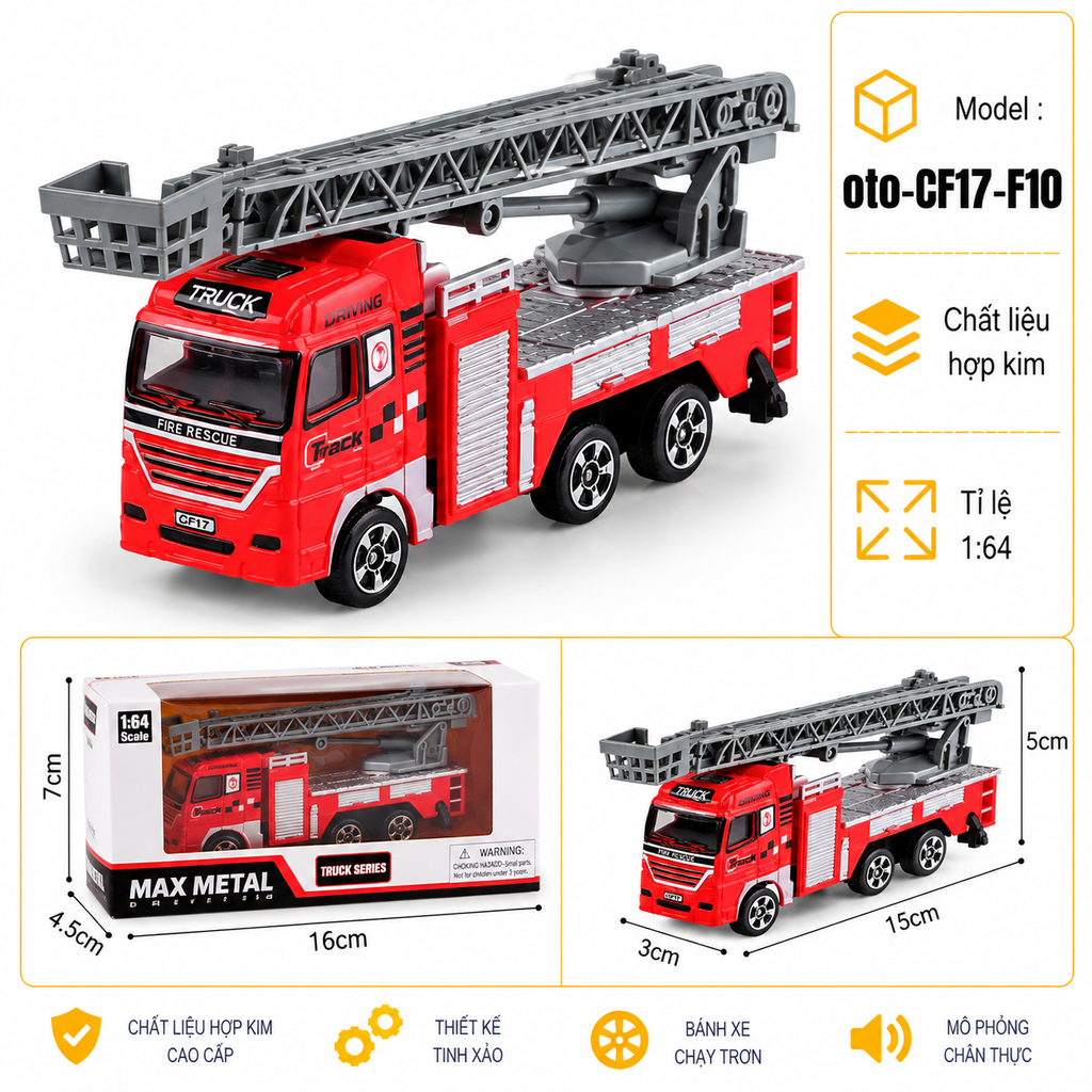 Mô Hình 3 Oto Cứu Hoả hợp kim , tỉ lệ 1:64 - Dài 12cm - rộng 3.5cm - cao 5cm- SKU : oto-CF17-F10 - ( Vat : 103-15-15 )