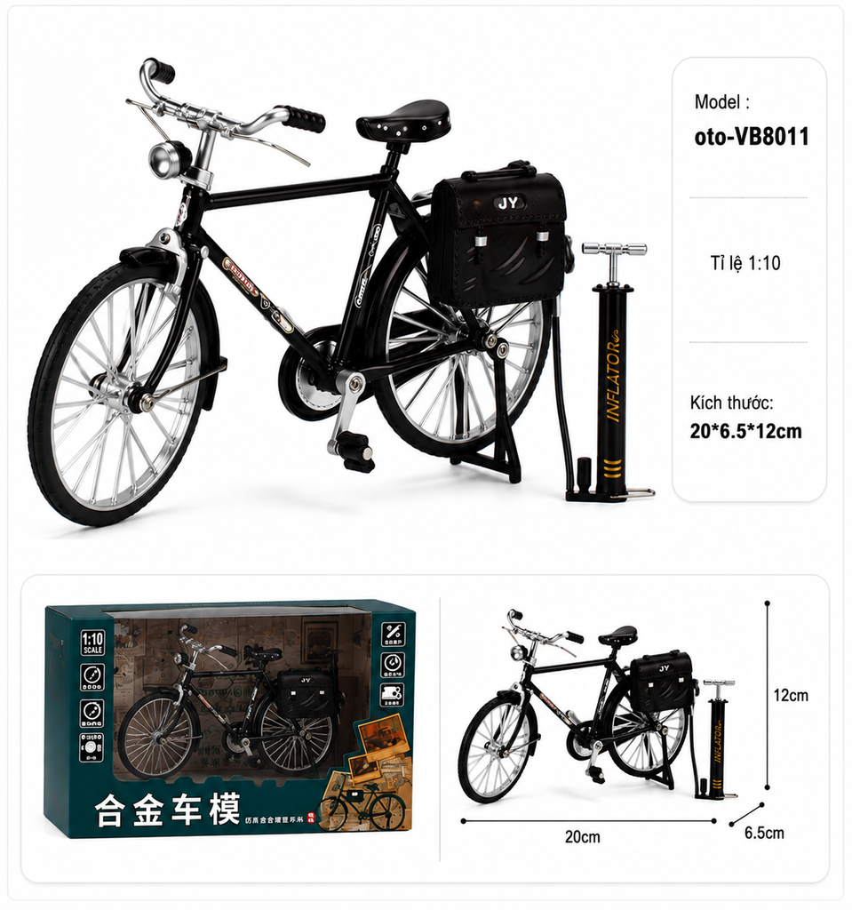 Mô Hình xe đạp thống nhất 1:10 Hợp kim - Phụ kiện : bơm - Dài 17.5cm - rộng 6cm - cao 11cm - nặng ~ 500gram - FULL BOX : box màu SKU : VB8011 - (VAT: 103-04-80)