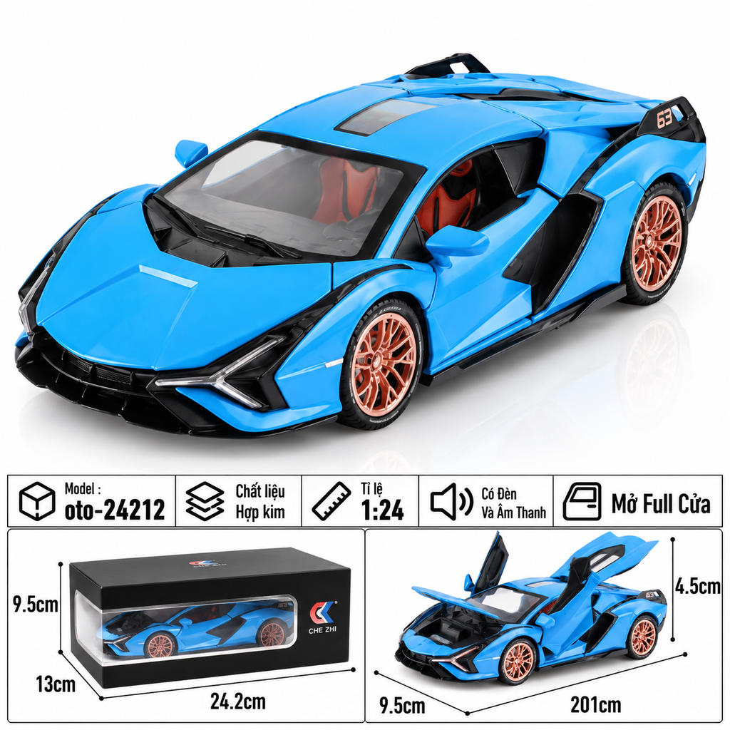 Xe thể thao tỉ lệ 1:24 - chất liệu bằng hợp kim - Có đèn và âm thanh Tính năng mở full cửa - SKU : oto-24212 ( VAT : 103-01-180 )