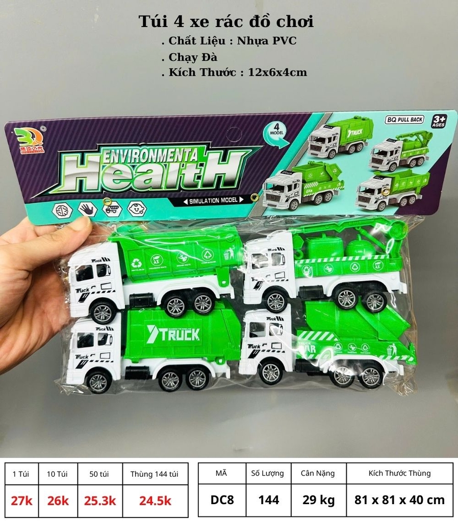 Đồ Chơi Trẻ Em Túi 4 xe rác môi trường - Dài 12.5cm - nặng 180gram - 1 Túi Có 4 Xe - Bọc Túi - SKU : DC8