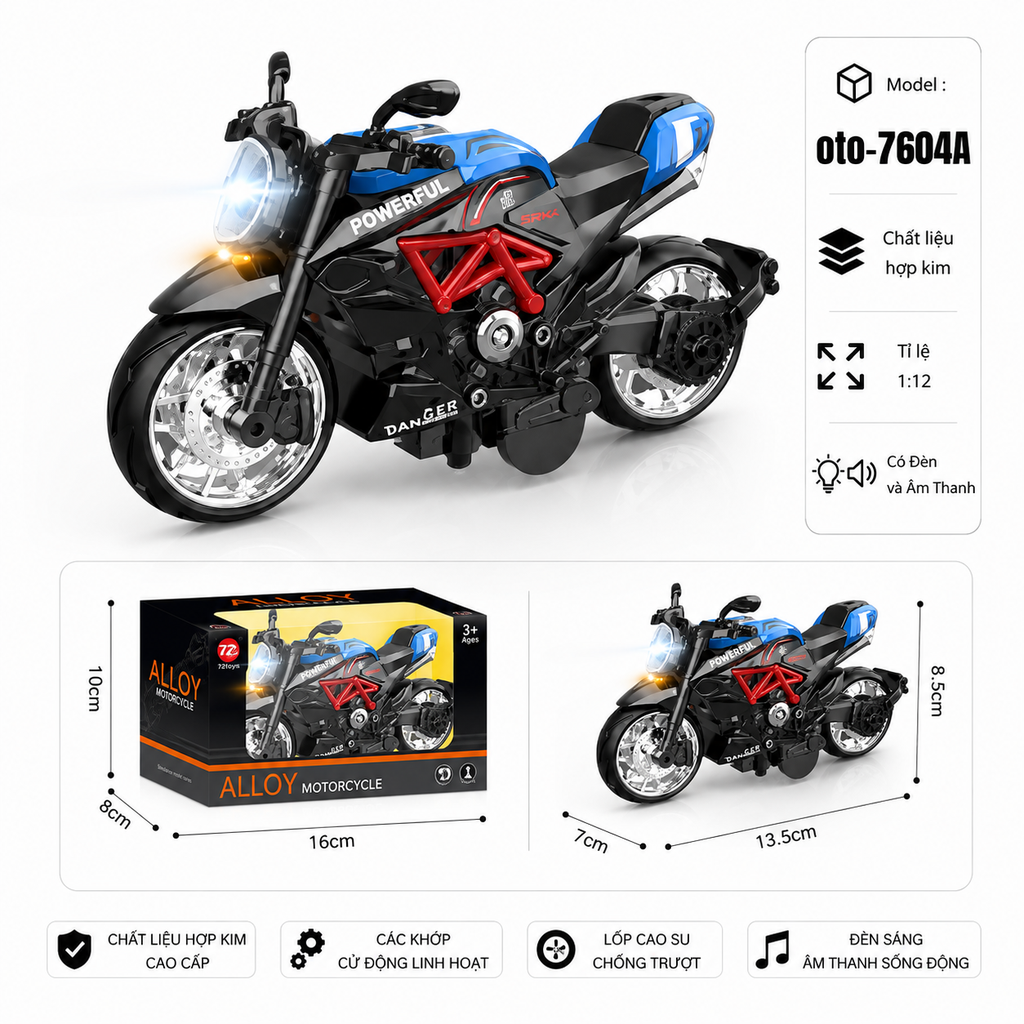 Xe Máy thể thao nhiều màu sắc , Có Đèn và Âm Thanh chất liệu hợp kim , tỉ lệ 1:12 : SKU : oto-7604A ( Vat : 103-09-40 )