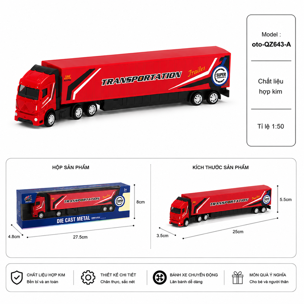 Xe container nhiều màu sắc , chất liệu hợp kim , tỉ lệ 1:64 - SKU : oto-QZ643-A - ( Vat : 003-01-35 )