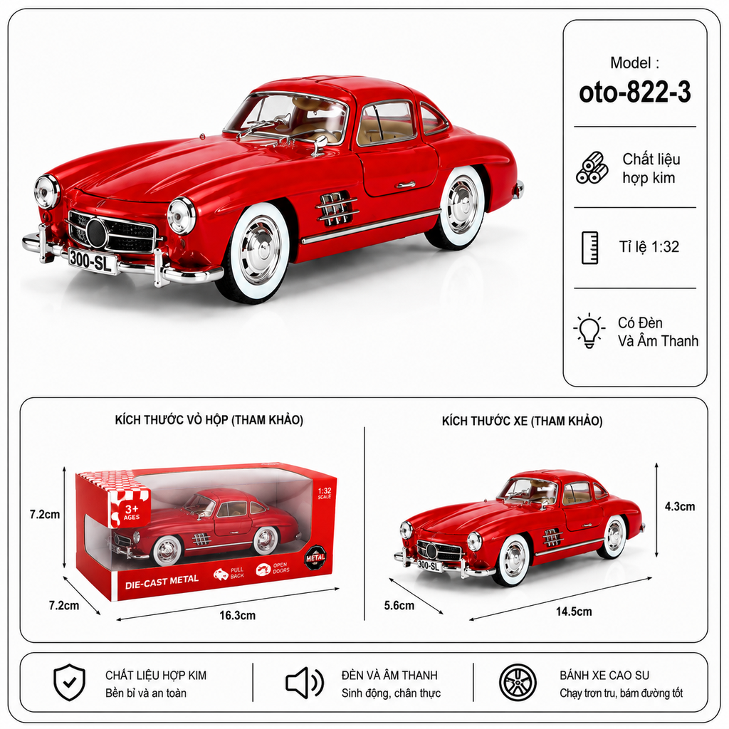Mô Hình xe oto Mercedes-Benz 300 SL hợp kim , tỉ lệ 1:32 - Dài 14.5cm - rộng 5.6cm - cao 4.3cm - SKU : oto-822-3 - ( VAT : 103-01-70 )