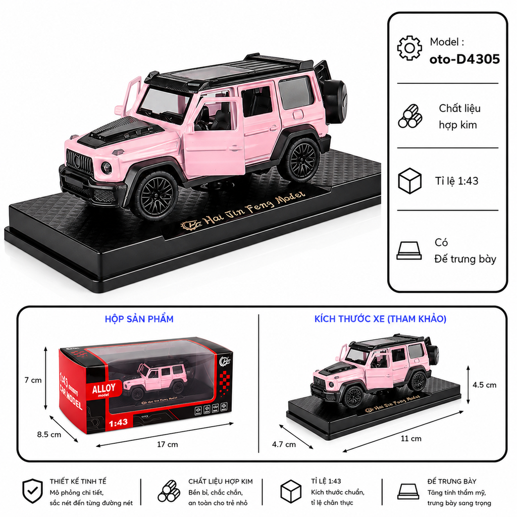 Mô Hình Xe Mẹc g63 gồm nhiều kiểu dáng tỉ lệ 1:43 . Chất liệu Hợp kim - FULL BOX : box màu SKU : oto-D4305 - (VAT: 003-01-35)