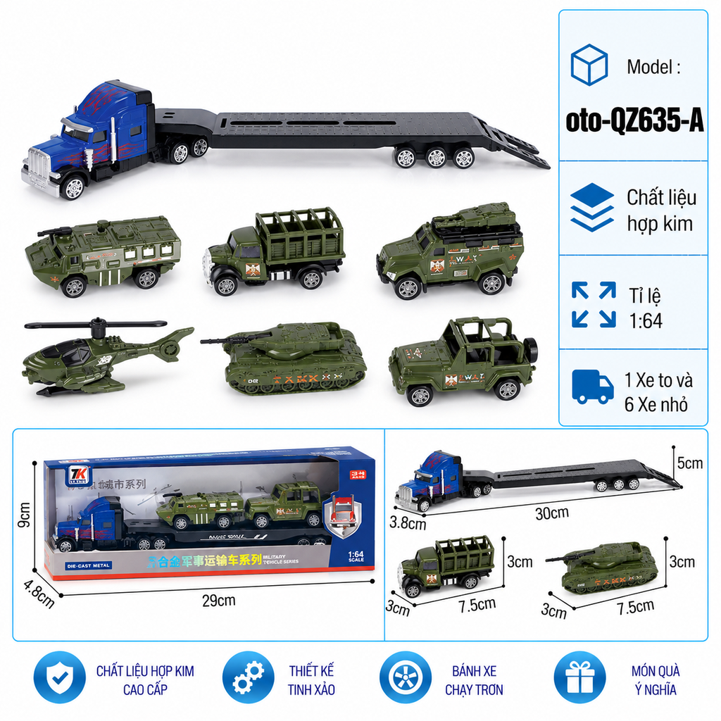 Mô Hình xe container chở xe quân sự , tỉ lệ 1:64, chất liệu hợp kim và nhựa - Dài 29cm - rộng 4.8cm  - cao 9cm - SKU : oto-QZ635-A -( Vat : 103-01-35 ) - K32-T2-S3-4