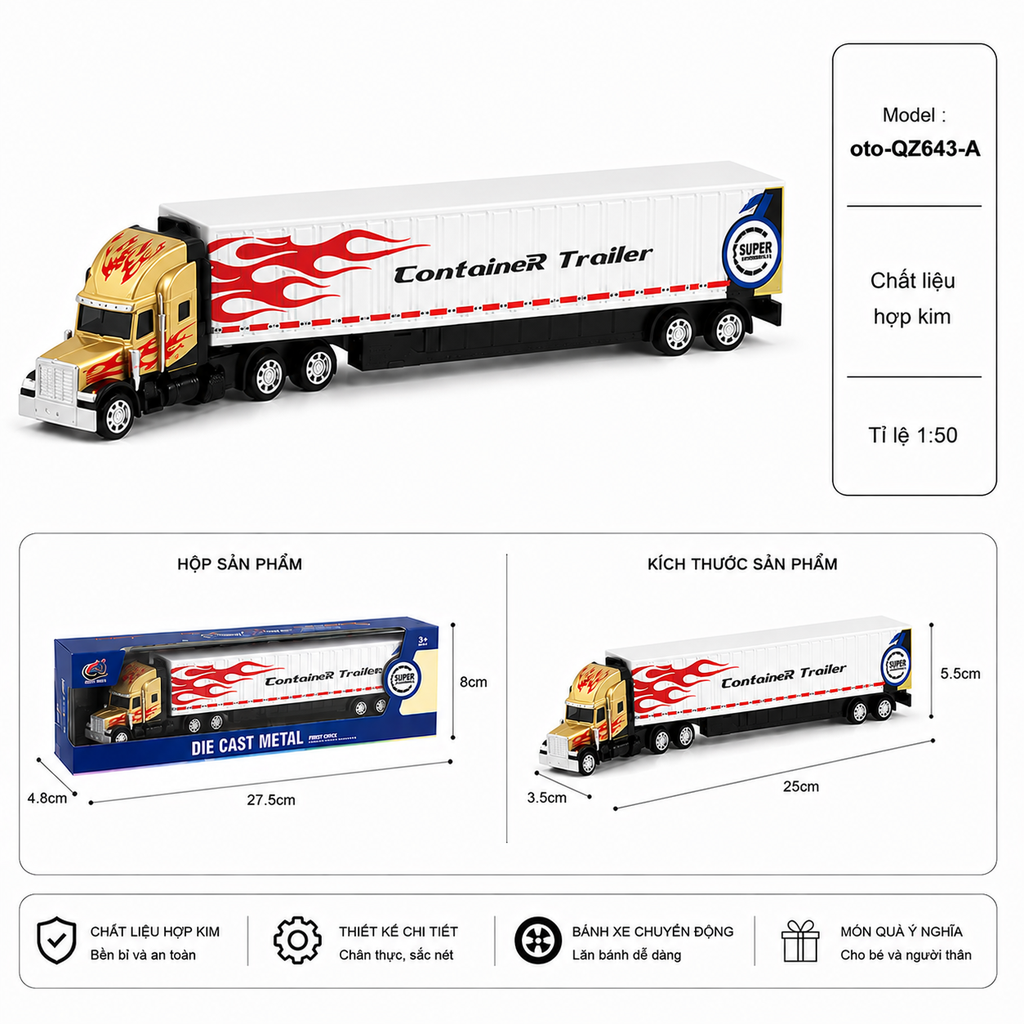 Xe container nhiều màu sắc , chất liệu hợp kim , tỉ lệ 1:64 - SKU : oto-QZ643-A - ( Vat : 003-01-35 )
