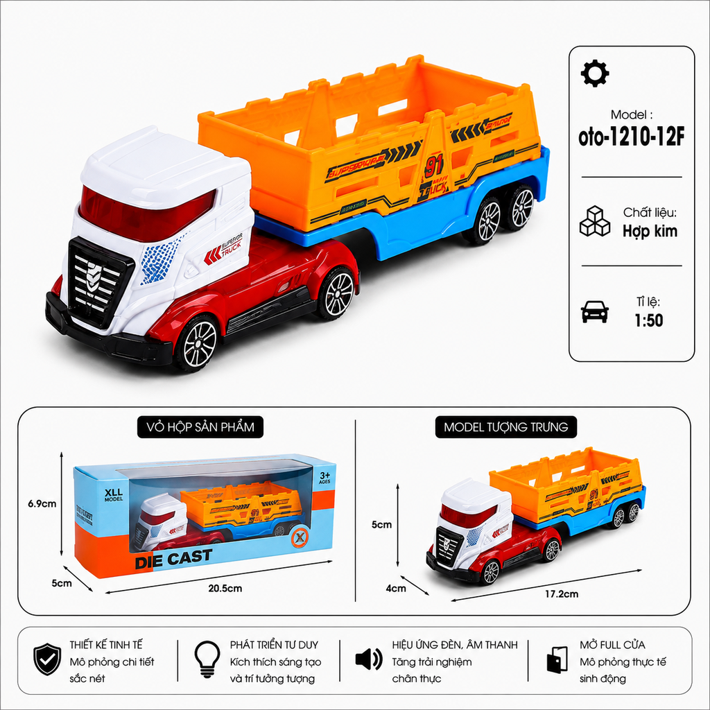 Xe Cont chở hàng gồm nhiều kiểu dáng , chất liệu hợp kim , tỉ lệ 1:50 - SKU : oto-1210-12F ( VAT : 103-01-30 )