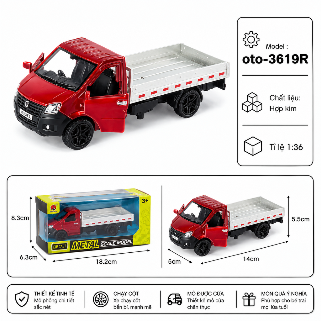 Mô Hình xe tải chở hàng chất liệu hợp kim , tỉ lệ 1:36 - Dài 14cm - rộng 5.5cm - cao 5cm - SKU : oto-3619A - ( Vat : 103-01-20 )