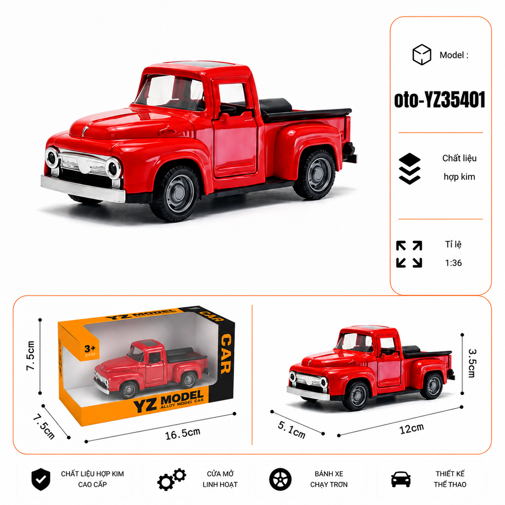 Xe thể thao bán tải nhiều màu sắc chất liệu hợp kim , tỉ lệ 1:36 : SKU : oto-YZ35401 ( Vat : 103-01-35 )