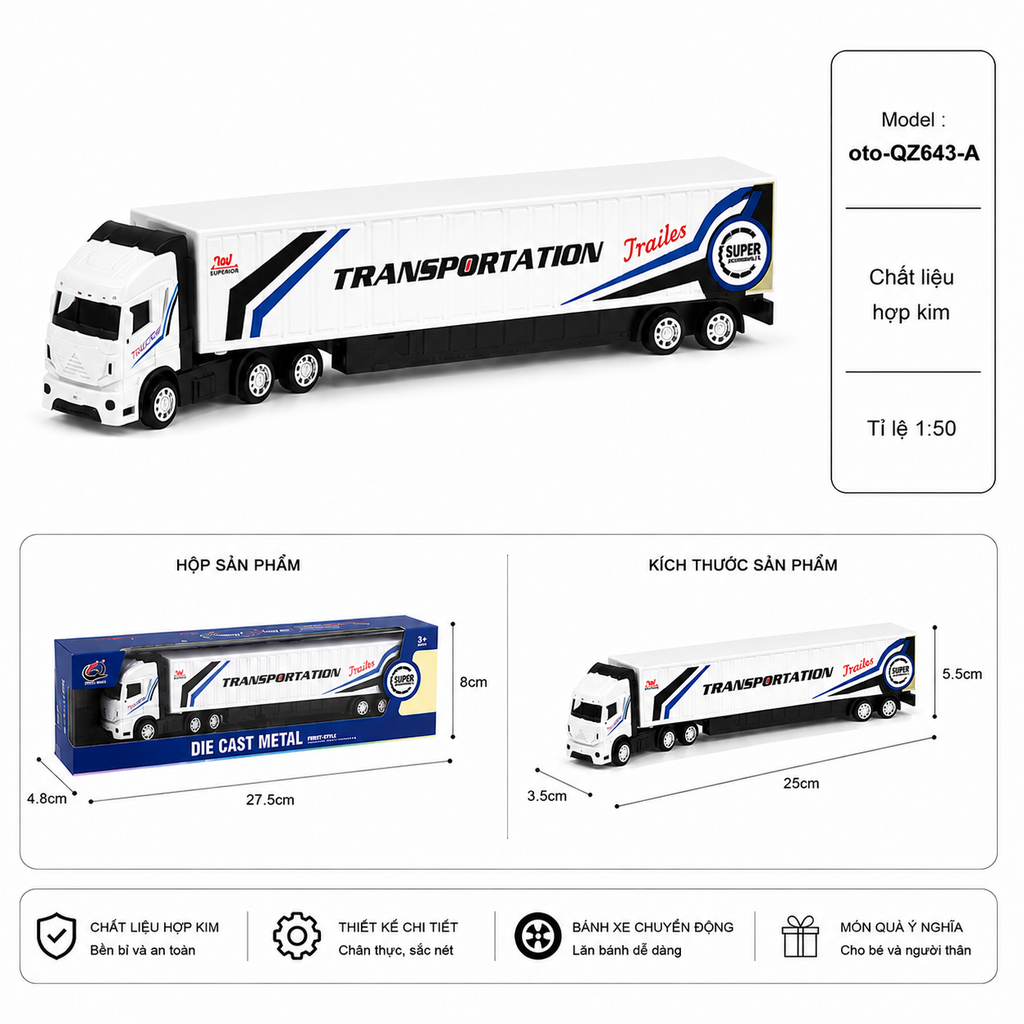 Xe container nhiều màu sắc , chất liệu hợp kim , tỉ lệ 1:64 - SKU : oto-QZ643-A - ( Vat : 003-01-35 )