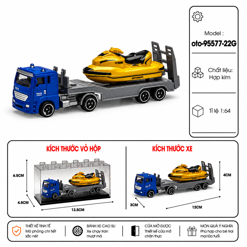 Xe chở thuyền cứu hộ , chất liệu hợp kim , có hộp meca trưng bày , tỉ lệ 1:64 - SKU : oto-95577-22G - ( VAT : 103-01-25 )