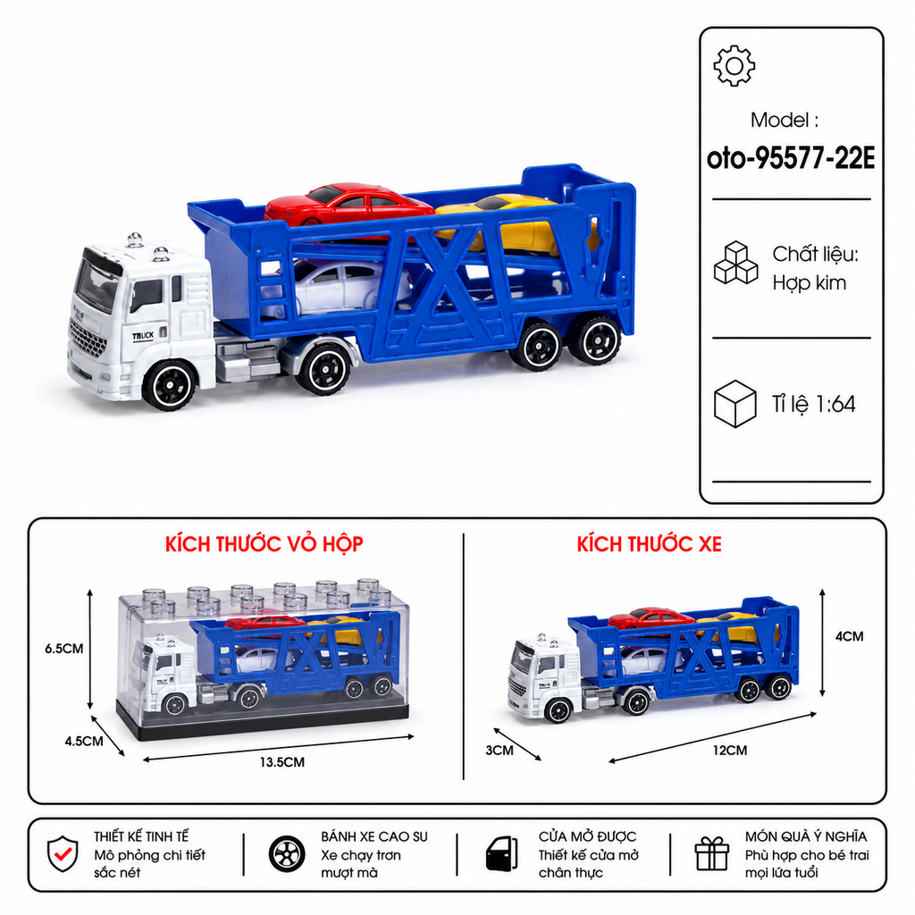 Xe hợp kim Container chở xe con - Chất Liệu Hợp Kim - Có Hộp Meca Trưng Bày - Tỉ Lệ 1:64 - SKU : oto-95577-22E ( VAT : 103-01-25) - K154-T3-S9
