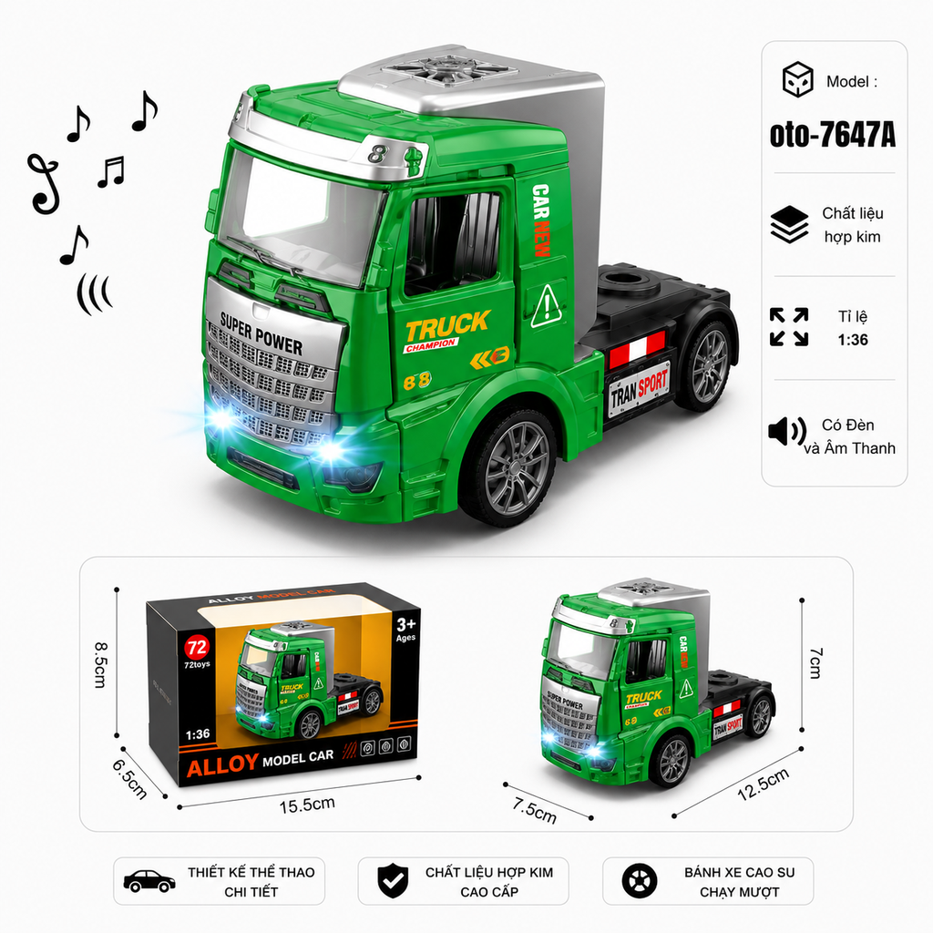 Xe Đầu Container nhiều màu sắc , Có Đèn và Âm Thanh chất liệu hợp kim , tỉ lệ 1:36 : SKU : oto-7647A ( Vat : 103-01-35 )