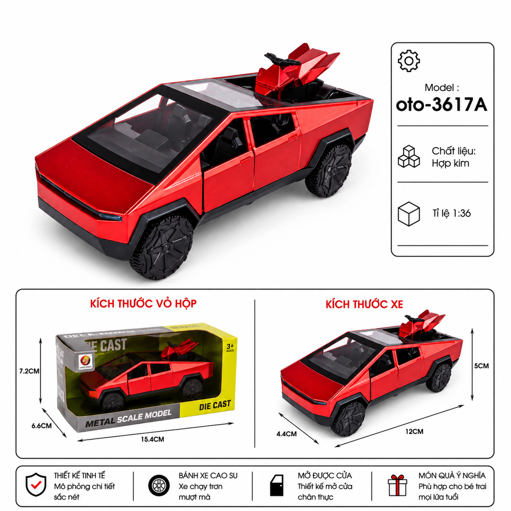 Mô Hình xe bán tải tesla hợp kim , tỉ lệ 1:36 - Dài 12cm - rộng 4.4cm - cao 5cm - SKU : oto-3617A - ( Vat : 103-01-35 )