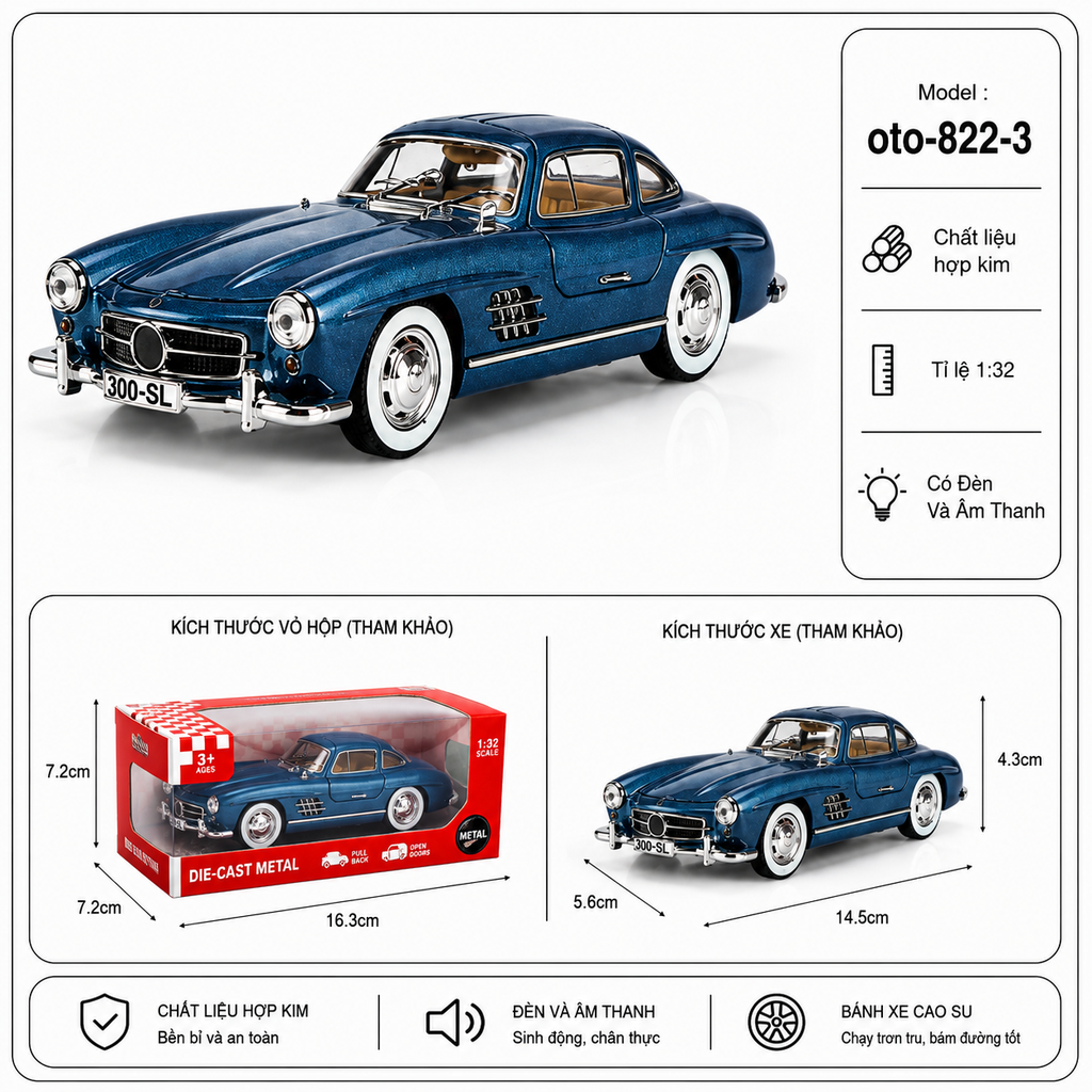 Mô Hình xe oto Mercedes-Benz 300 SL hợp kim , tỉ lệ 1:32 - Dài 14.5cm - rộng 5.6cm - cao 4.3cm - SKU : oto-822-3 - ( VAT : 103-01-70 )