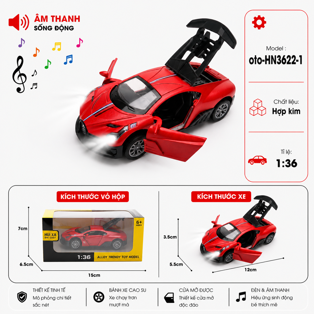 Xe thể thao nhiều kiểu dáng ( Có Đèn , Có Nhạc ) . Chất liệu hợp kim , tỉ lệ 1:36 - SKU : oto-HN3622-1 - ( VAT : 103-01-35 )