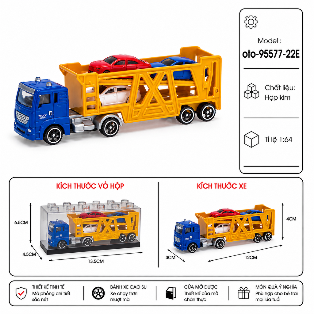 Xe hợp kim Container chở xe con - Chất Liệu Hợp Kim - Có Hộp Meca Trưng Bày - Tỉ Lệ 1:64 - SKU : oto-95577-22E ( VAT : 103-01-25) - K154-T3-S9