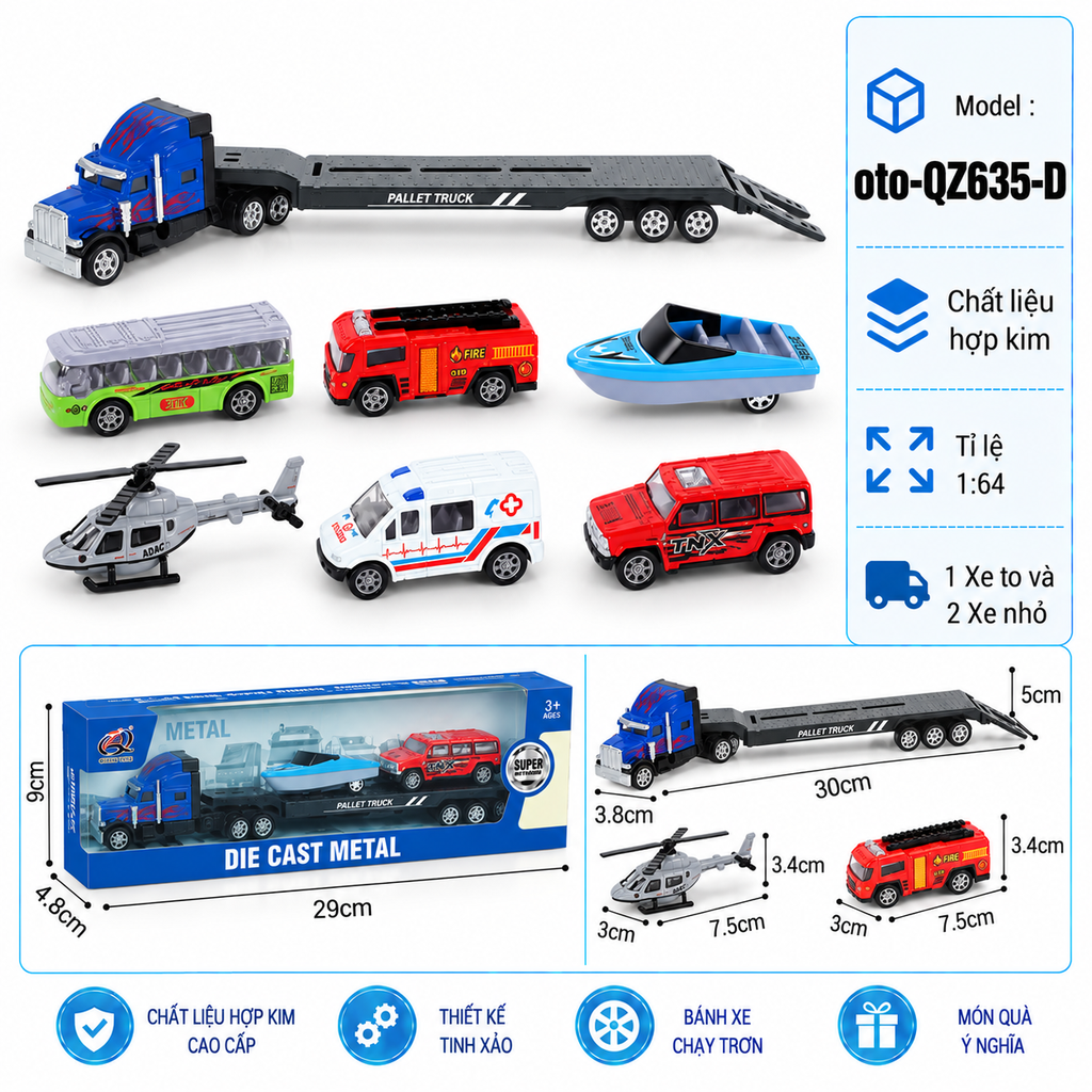 Mô Hình xe container chở xe con và máy bay trực thăng ( Ngẫu Nhiên ) , tỉ lệ 1:64, chất liệu hợp kim và nhựa - Dài 29cm - rộng 4.8cm  - cao 9cm - SKU : oto-QZ635-D - ( Vat : 103-01-35 )