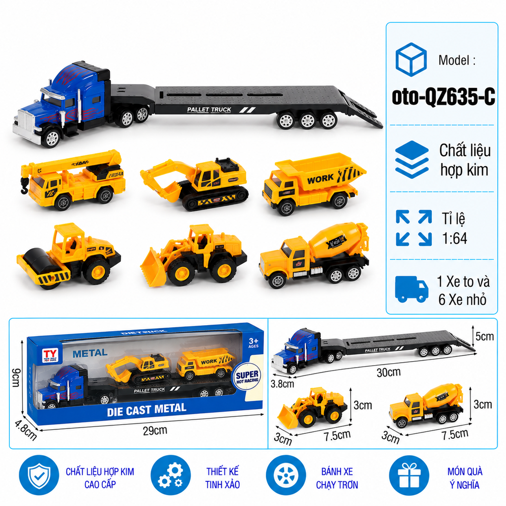 Mô Hình xe container chở xe xây dựng , tỉ lệ 1:64, chất liệu hợp kim và nhựa - Dài 29cm - rộng 4.8cm - cao 9cm - SKU : oto-QZ635-C -( Vat : 103-01-35 ) - T4