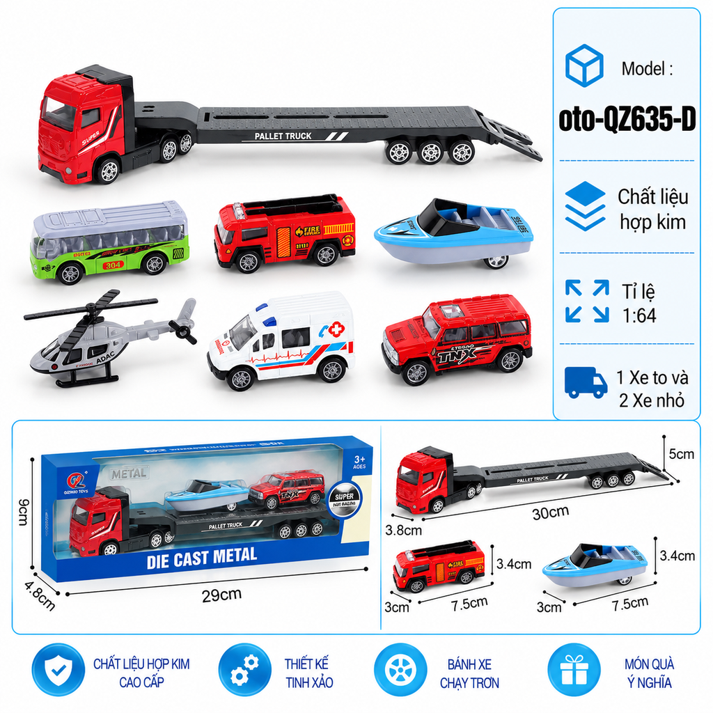 Mô Hình xe container chở xe con và máy bay trực thăng ( Ngẫu Nhiên ) , tỉ lệ 1:64, chất liệu hợp kim và nhựa - Dài 29cm - rộng 4.8cm  - cao 9cm - SKU : oto-QZ635-D - ( Vat : 103-01-35 )
