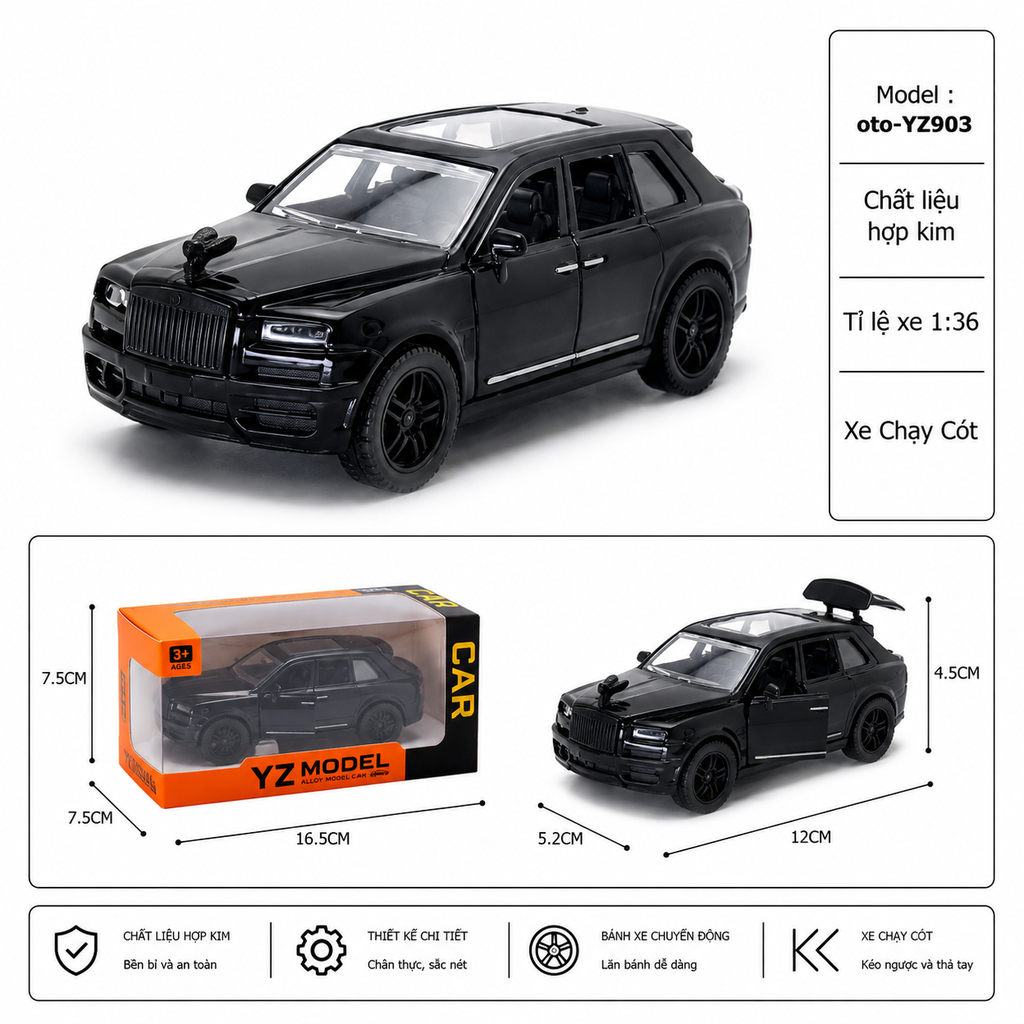 Mô Hình xe rolls royce hợp kim , tỉ lệ 1:36 - Dài 12cm - rộng 5.2cm - cao 4.5cm - SKU : oto-YZ903 - ( Vat : 003-01-35 )