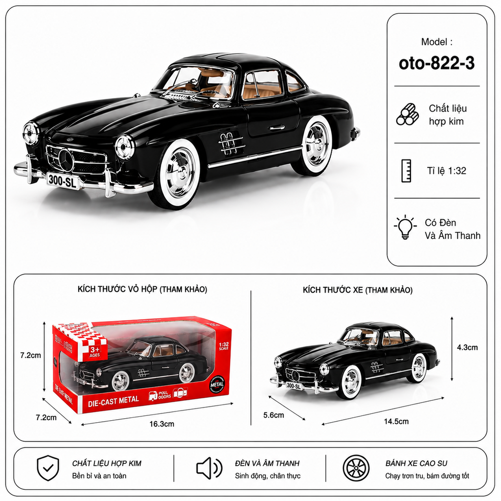 Mô Hình xe oto Mercedes-Benz 300 SL hợp kim , tỉ lệ 1:32 - Dài 14.5cm - rộng 5.6cm - cao 4.3cm - SKU : oto-822-3 - ( VAT : 103-01-70 )