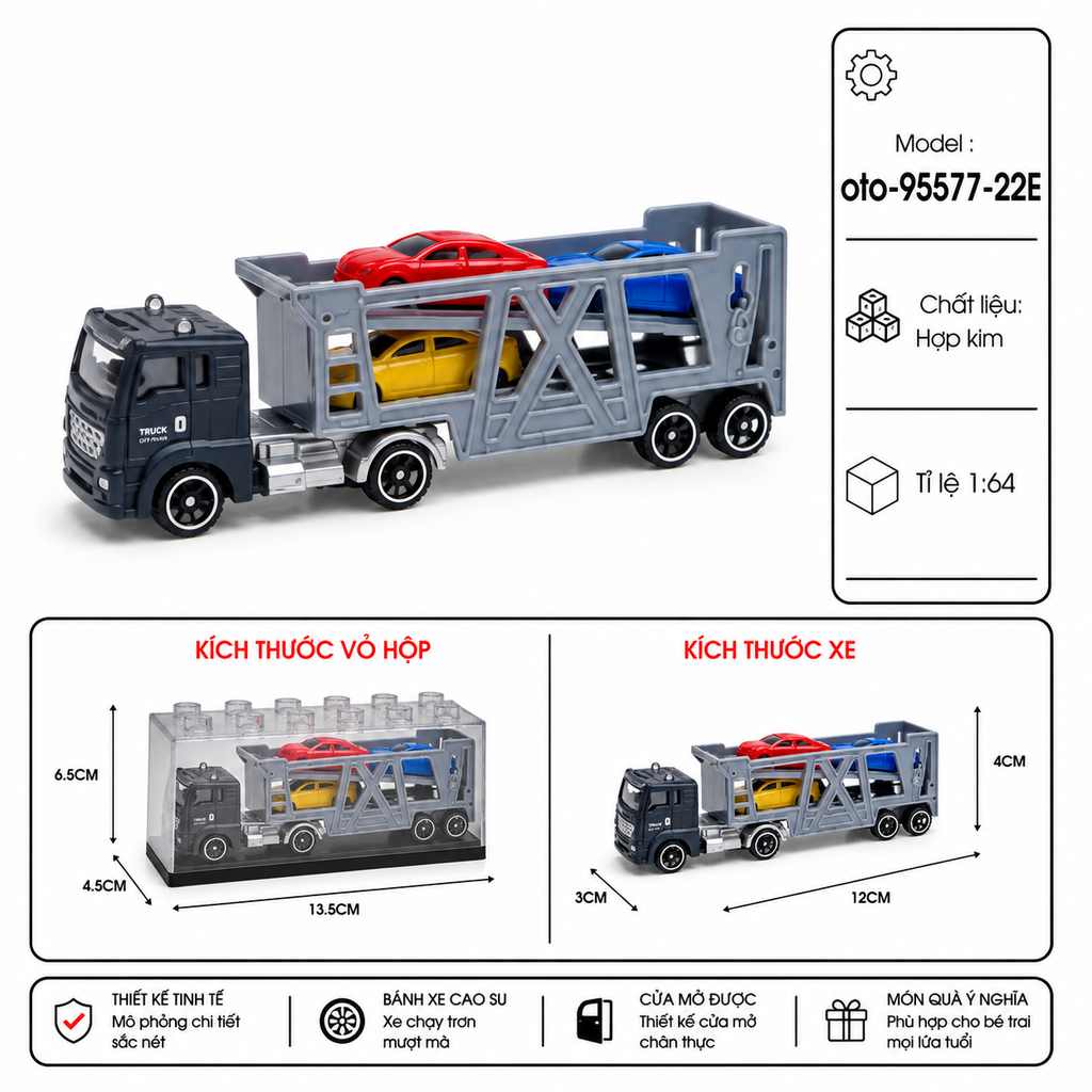 Xe hợp kim Container chở xe con - Chất Liệu Hợp Kim - Có Hộp Meca Trưng Bày - Tỉ Lệ 1:64 - SKU : oto-95577-22E ( VAT : 103-01-25) - K154-T3-S9