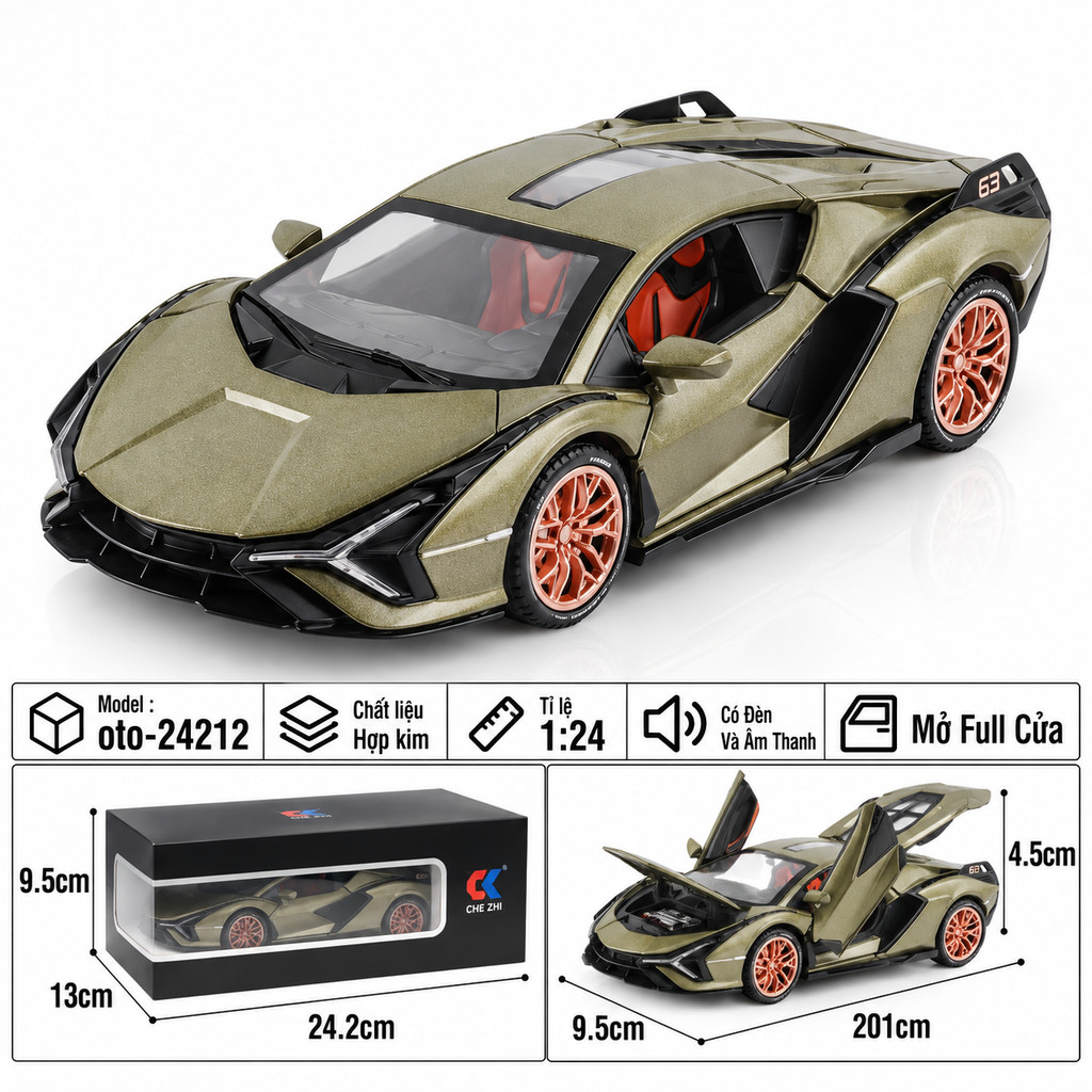 Xe thể thao tỉ lệ 1:24 - chất liệu bằng hợp kim - Có đèn và âm thanh Tính năng mở full cửa - SKU : oto-24212 ( VAT : 103-01-180 )