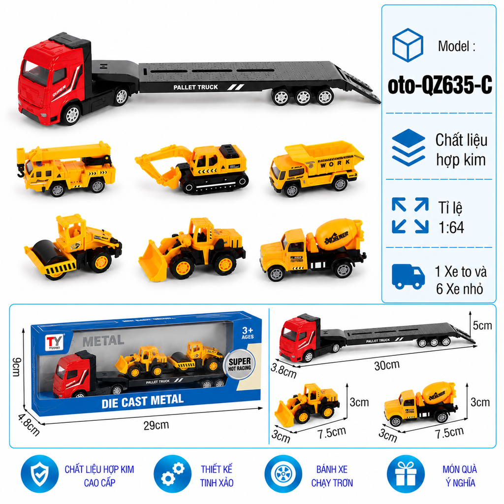 Mô Hình xe container chở xe xây dựng , tỉ lệ 1:64, chất liệu hợp kim và nhựa - Dài 29cm - rộng 4.8cm - cao 9cm - SKU : oto-QZ635-C -( Vat : 103-01-35 ) - T4